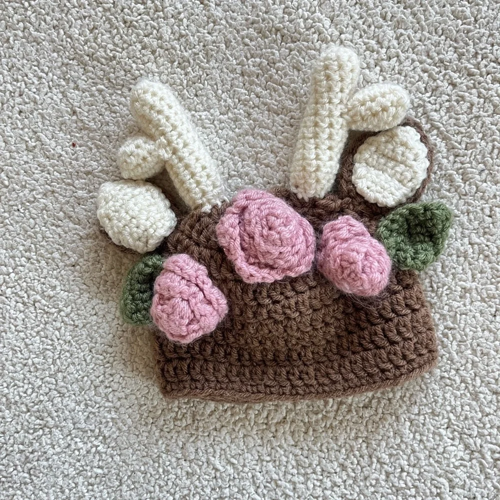 Handmade Adorable Brown Knit girls Hat with Pink Floral Design